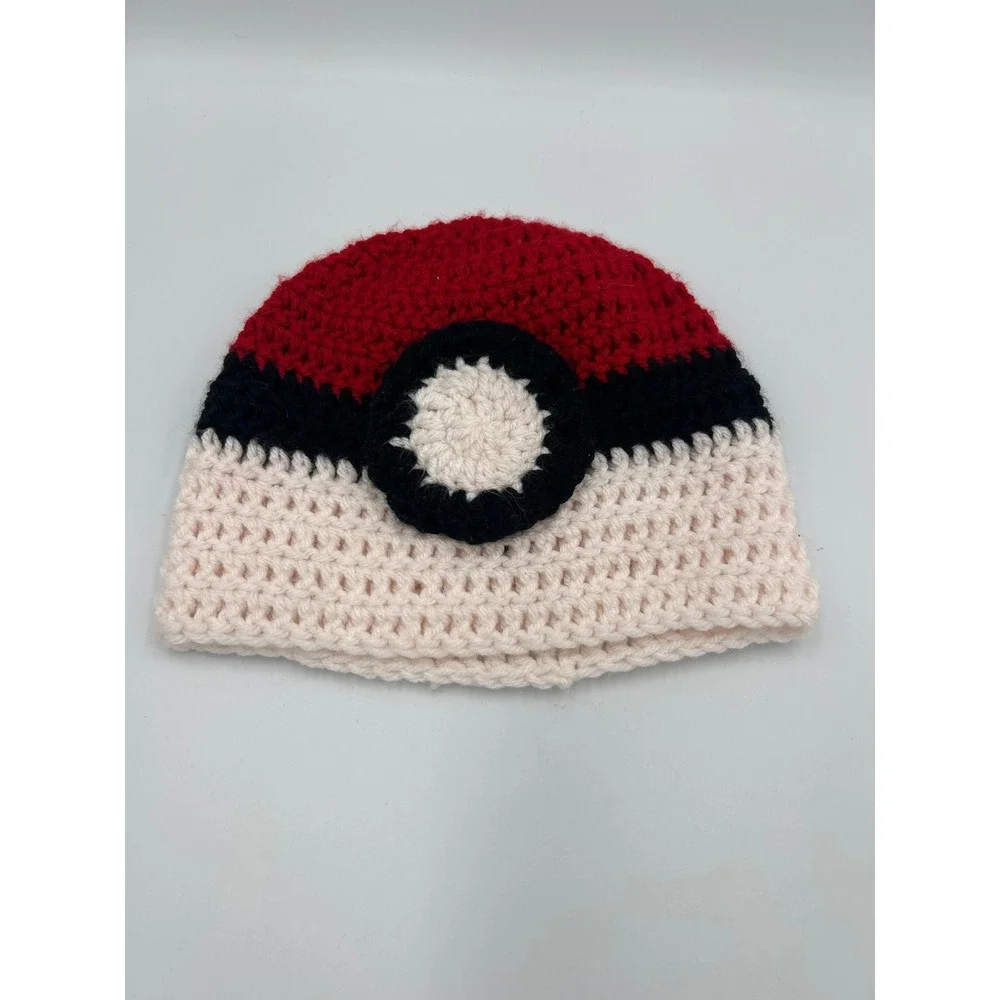 Handmade Crochet Poke Ball Beanie Kids Red‎ White Black Anime Knit Hat